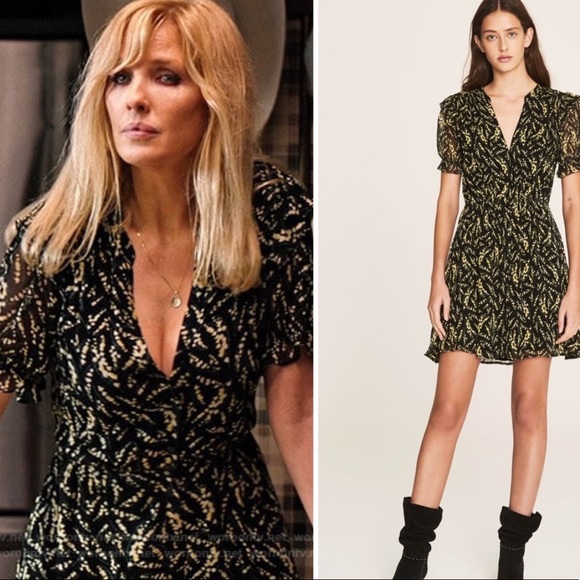 BA&SH Matcha Floral Mini Dress Noir Flowy Ruffles Elastic Waist BLK/Yellow SZ 4 - Picture 16 of 16